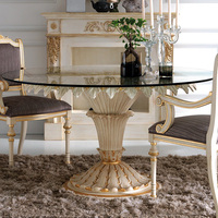 Ensemble de table et chaises de salle à manger rondes en verre avec motif en plumes, en bois massif sculpté, style européen traditionnel de luxe, avec 6 chaises