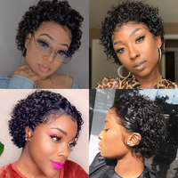 Perruque Pixie Courte Cheveux Humains Bouclés 13*1 Lace Frontale pour Femmes Noires Ondulation Water Wave en Promotion
