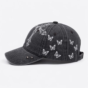 Casquette de baseball vintage à 6 panneaux en jean délavé et vieilli avec impression numérique par transfert thermique de papillon et logo personnalisé, vente en gros, fabrication - Product Image 3