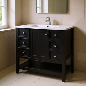Db 36-Inch Rustic Bathroom Vanity Floor Standing Black Cabinet With One Door And Three Drawers Water Resistant Design - Product Image 2