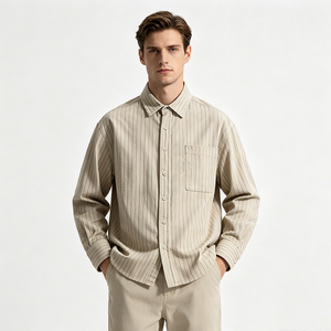 Chemise rayée vintage pour homme, beige gris, rayures verticales, manches longues, coton/lin, col pointu, poche simple, automne - Product Image 4