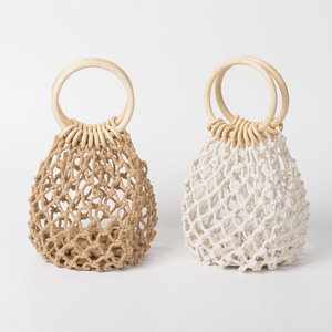 Hollowed Out <b>Fishnet</b> Women's Tote Bag Cotton Weaving Cylindrical Shape Off White Brown Everyday Use Spring 2025 - Product Image 4