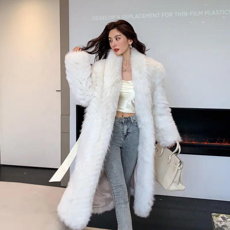 Popular Fashionable Winter Luxury Real Long Fox Fur Coat Women Winter Warm Outwear With Genuine White Color Fox Fur Coat