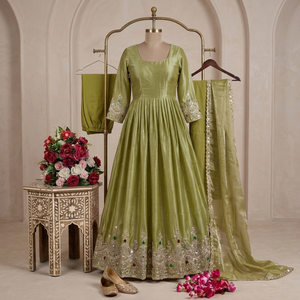 Robe Anarkali en soie verte brodée avec dupatta, longueur ras du sol, tenue traditionnelle indienne et pakistanaise pour femme, coupe ample, robe de mariée - Product Image 1