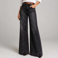 Jeans de Mujer Vintage Negros Lavados, Pantalones Vaqueros Acampanados Holgados, Estilo Casual Urbano Francés para el Día a Día