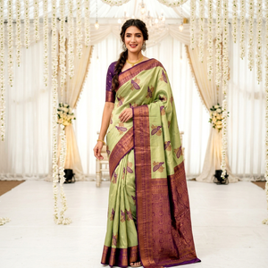 Sari de Seda Verde de Moda AARA, Largo hasta el Suelo, con Borde con Estampado de Pavo Real Morado, para Bodas, Ropa Tradicional para Mujer - Product Image 1