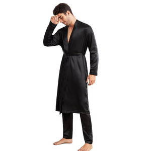 Ensemble de Robes et pantalons de luxe pour hommes, couleur unie, ceinture personnalisée, Robes longues tissées en Satin de soie, Robe de bain Longue - Product Image 5