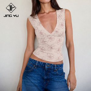 Top de algodón suave personalizado con estampado hawaiano elegante y de alta calidad, sin mangas y con cuello en V profundo. - Product Image 1