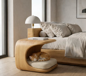 Luxury Style Modern Solid Wood Nightstand with Built in Pet Bed Easy Assemble Wooden Curved Bedside <b>Table</b> for Cats - Product Image 4