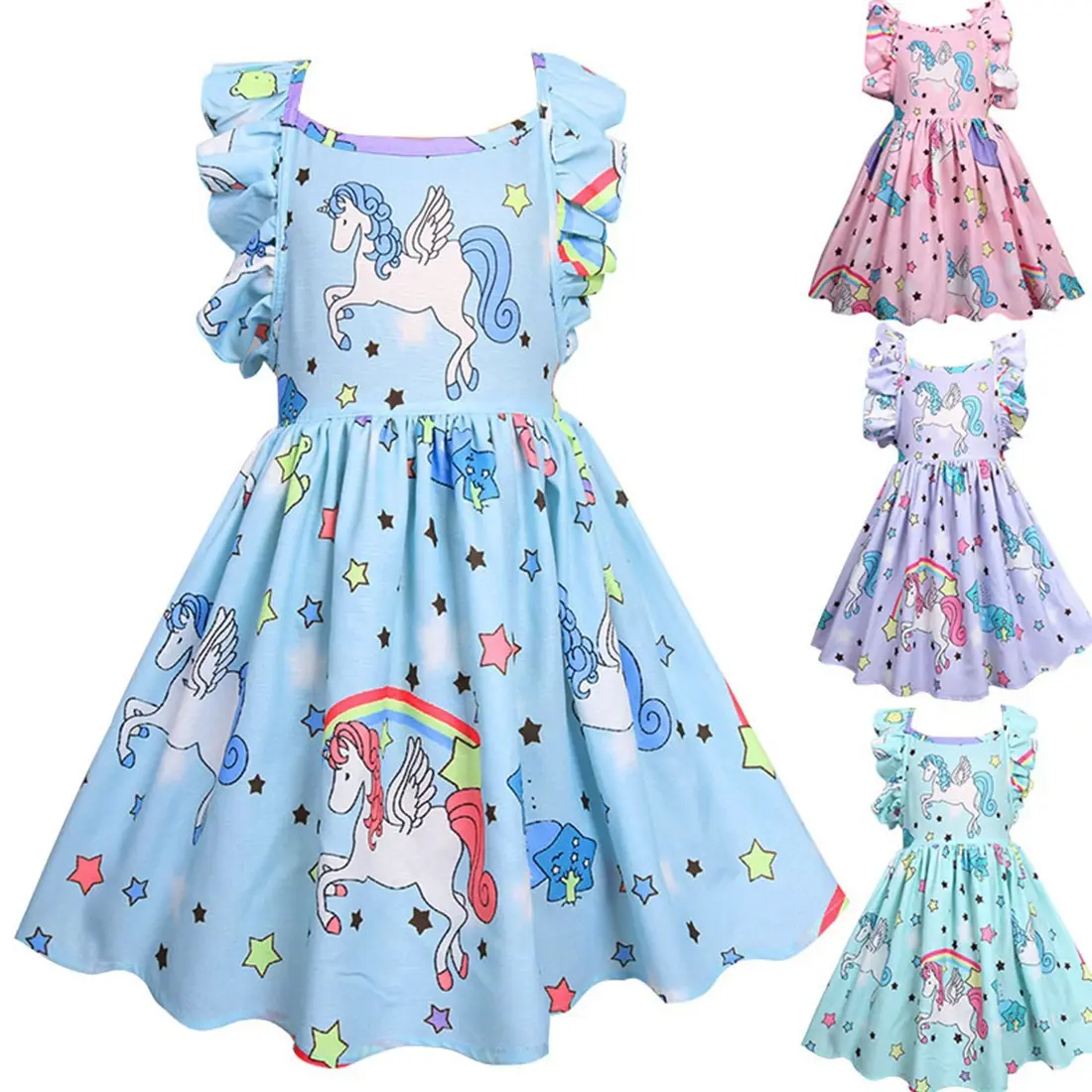 RTS Girls Tunic Dress Carriage Children's Boutique Knee Length Woven Cotton Summer Dress Unicorn Printed Design Clothing Dress