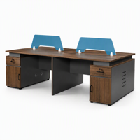 Poste de travail de bureau pour 4 personnes, double face avec écrans d'intimité, grain MDF foncé, écologique, modulaire pour usage collectif