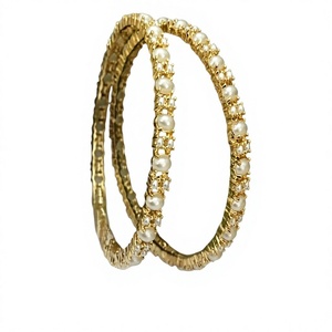 Classy Gold Plated Imitation Pearl <b>Bangle</b> Bracelets <b>Set</b> Trendy Style Women's Wedding Gift Jewelry with Moissanite - Product Image 2