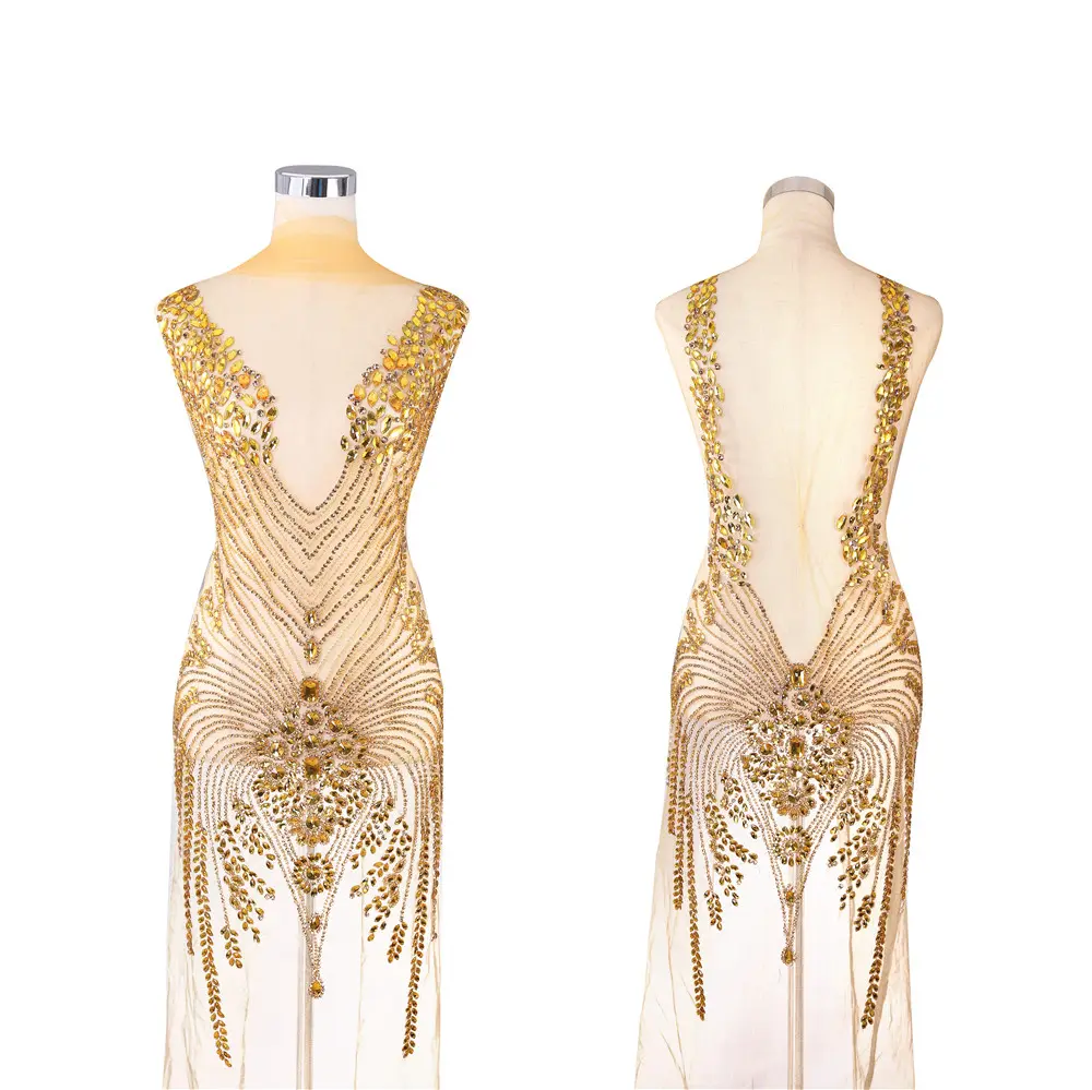 DRA-288A Free shipping gold beaded gorgure crystal bodice rhinestone applique dress for prom