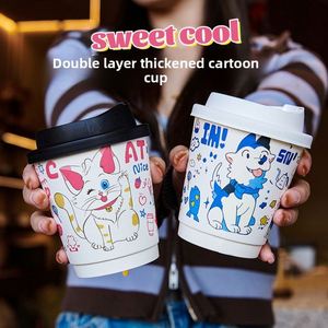 Gobelet en papier jetable à double paroi épaissi, motif chat mignon, pour boissons chaudes/froides, café, lait, thé, usage commercial et bureautique - Product Image 2