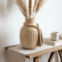 Vase en bois de paulownia rustique style bohème avec pompons décoratifs, centre de table style ferme