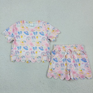 GSSO3657 RTS Little Active Girl pink planet sea star print Short Sleeve scallop Outfits Kids Wholesale Children's Set - Product Image 1
