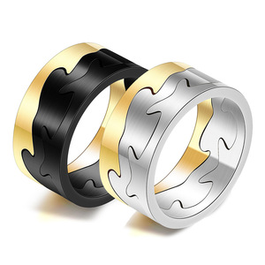 Stylish Two-Tone 9mm Stainless Steel <b>Ring</b> Black Gold Silver Wedding Band Geometric Design Fashion Jewelry - Product Image 1