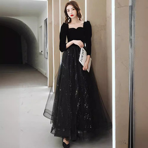 Women's Black Velvet Evening Dress Sweetheart Neckline Long Sleeve A-Line Empire Waist Formal Party Host Art Exam Dress - Product Image 2