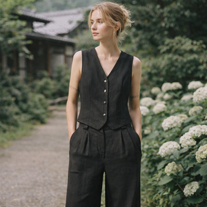 Fornitore di Alta Qualità di <span class=keywords><strong>Abbigliamento</strong></span> e Completi da <span class=keywords><strong>Donna</strong></span>, Personalizzazione di Eleganti Completi Classici in Lino Nero per Signore Raffinate - Product Image 4