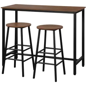 Rustic Brown 3 Piece Bar Table Furniture Set for Breakfast Living Room Small Space Restaurant Bar Table and Chairs Set for 2