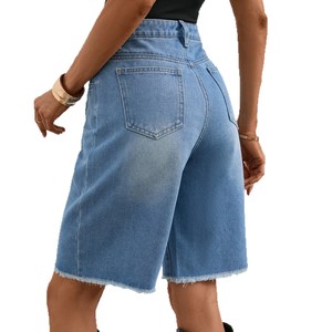 Shorts en <span class=keywords><strong>jean</strong></span> déchiré taille haute pour <span class=keywords><strong>femme</strong></span>, coupe droite, ourlet brut, longueur <span class=keywords><strong>mi</strong></span>-cuisse, décontracté, été - Product Image 4