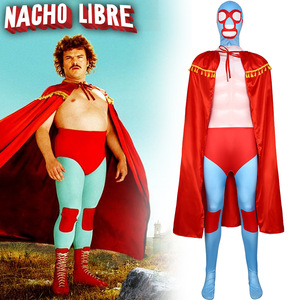Costume de lutteur mexicain Nacho Libre, cape rouge, masque bleu, tenue de scène pour cosplay - Product Image 1