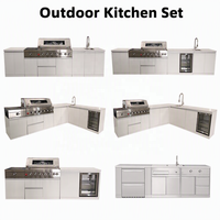 Meubles de cuisine modulaires d'extérieur en acier inoxydable avec barbecue à gaz intégré, évier, réfrigérateur, brûleur latéral et tiroirs pour jardin et terrasse