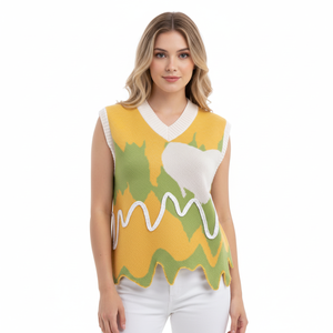 Low Moq Custom Women Knit Sweater Sleeveless V-neck Jacquard Women Knit Pullover Irregular Embroidery Women Knit Vest