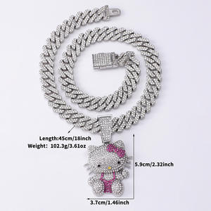 European American Trendy Cool Cute Cat Anhänger Halskette mit Full Diamond Modische kubanische Kette & Hello Kitty Hip-Hop-Stil - Product Image 5