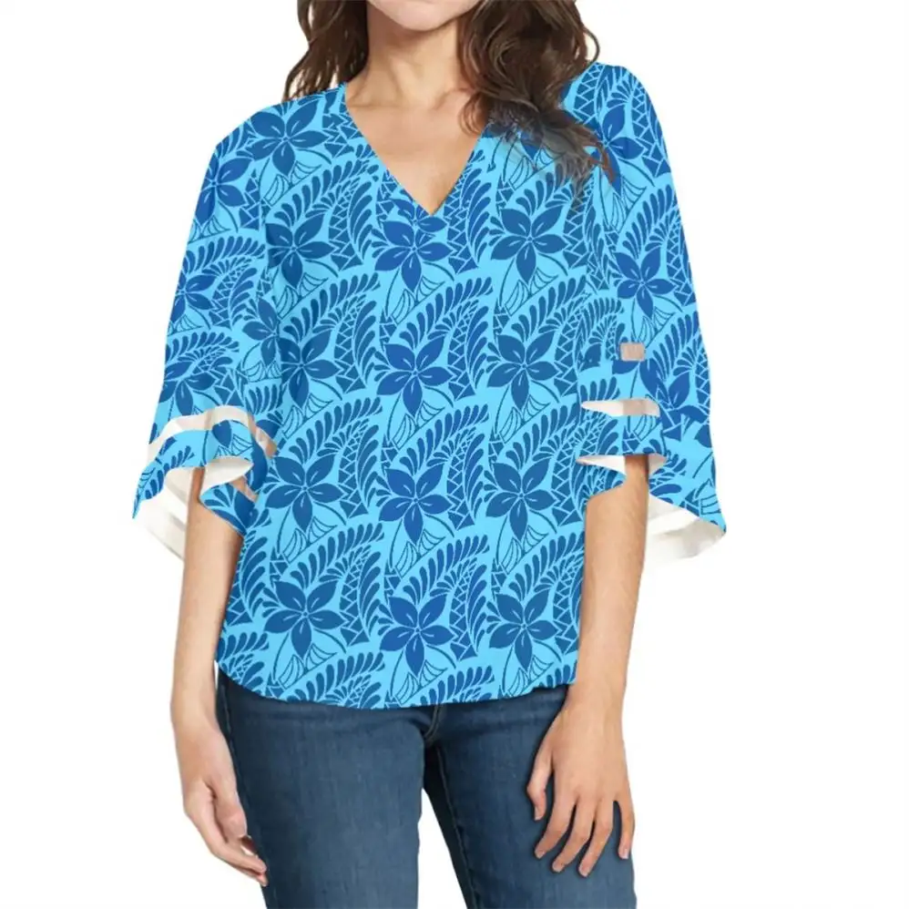 Blusa de chifón de manga corta con encaje para oficina, camisa con estampado de Plumeria personalizada para mujer, diseño de tendencia, estilo Tribal polinesiano, para el hogar, 2023