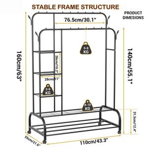 New Metal Double Pole Clothes Rack Floor Standing Hanging Laundry Multifunctional Movable Clothes Rack With Hooks - Product Image 2
