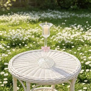 Cute Pink Bow Clear Glass Handmade Candlestick Holder Elegant <strong>Tall</strong> Ribbed Candle Stand Christmas Easter Desk/<strong>Table</strong> Aesthetic - Product Image 2