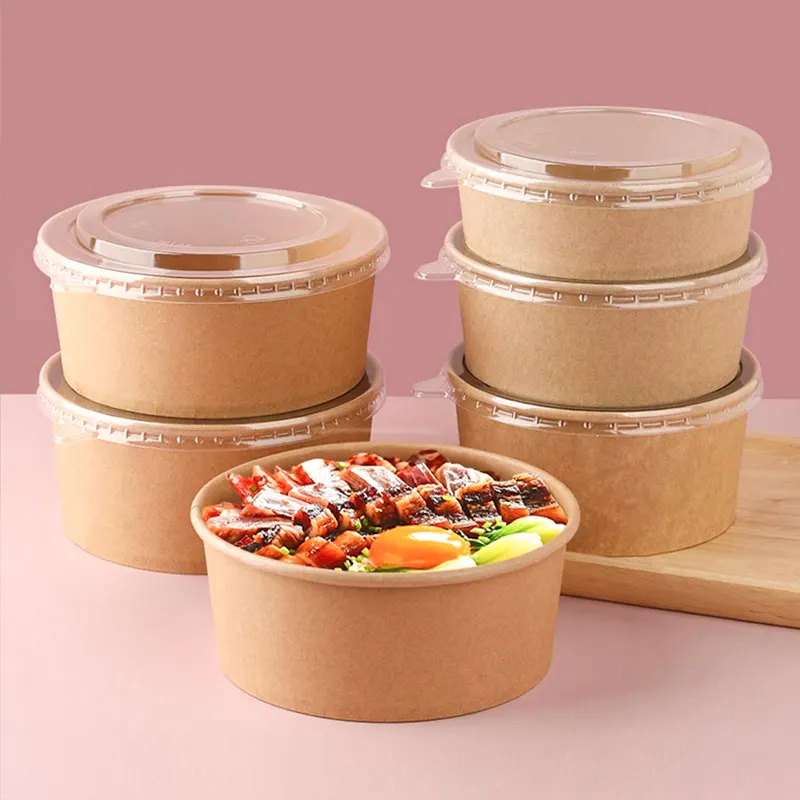 Round kraft paper salad bowl disposable craft paper soup bowls takeout bento paper bowls food packing containers