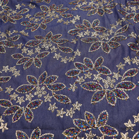 Tissu en jean brodé de perles au crochet écologiques, avec sequins scintillants et motif feuille pour robe femme