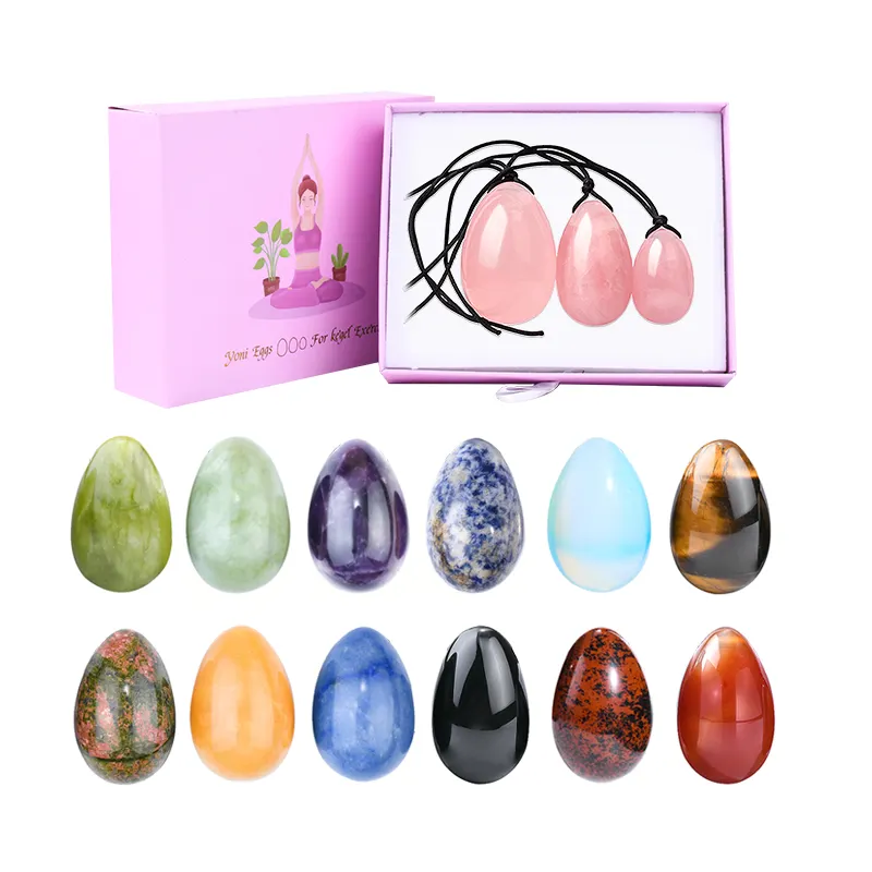 Conjunto de ovos yoni de jade natural atacado, conjunto de ovos de quartzo rosa, ovos de cristal yoni personalizado, conjunto de ovos para mulheres, exercício vaginal