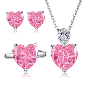 Collar con colgante de corazón rosa de diamante de alto contenido de carbono de 12 mm, juego de joyería de 3 piezas, juego de anillos de circonita rosa cobrizo para mujer, más vendido. - Product Image 1