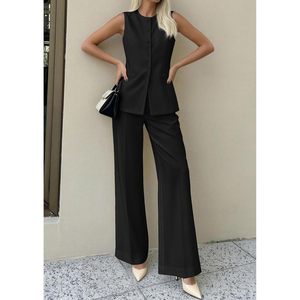 FOXA Women's Sleeveless <b>Blazer</b> Vest Pants Suit <b>Set</b> Business Casual Work Outfit Wide Leg Pants Anti-Wrinkle Polyester - Product Image 6