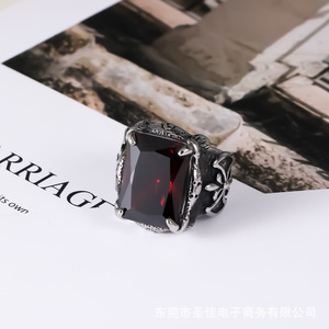 Bague en acier titane pour homme, incrustation géométrique de rubis, design croix SA241, bijoux cadeau - Product Image 1