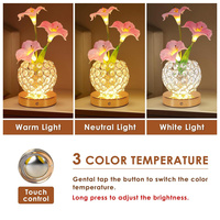 Lámpara de Mesa Glory Flower con Base de Cristal, 3 Colores, Luz Nocturna LED Regulable sin Escalonamientos, Recargable Tipo C, Control Táctil, Lámpara de Noche