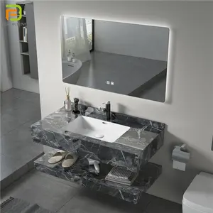 Nuovo design bagno di lusso sospeso lavabo da bagno armadi in pietra sinterizzata mobiletto da toeletta in marmo con specchio a led