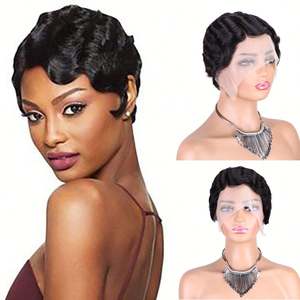 Perruque en cheveux humains brésiliens Remy, courte, pour coupe Finger Wave, dentelle complète transparente HD, couleur naturelle, sans colle, densité 130%-150% - Product Image 1