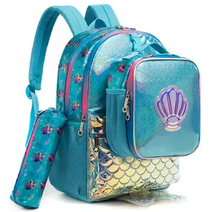 Jasminestar fabrika doğrudan 3 In 1 Mermaid kabuk okul çantası karikatür sırt çantası öğle yemeği çantası kalem çantası ile kızlar için