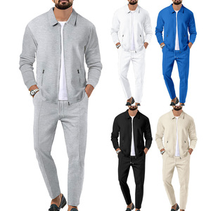 Ensemble veste et <span class=keywords><strong>pantalon</strong></span> pour <span class=keywords><strong>homme</strong></span>, style cardigan slim à col à revers et poches zippées, en tissu gaufré, pour l'automne - Product Image 1