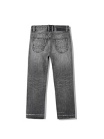Jeans droits déchirés pour hommes, taille mi-haute, couleur unie, délavage vintage, effet moustaches de chat, denim selvedge importé avec patch en peau de mouton, ODM OEM
