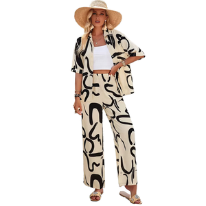 Nouvelle collection automne 2025 – Ensemble deux pièces bohème pour <span class=keywords><strong>femme</strong></span>, style européen et américain, imprimé, avec nœud, manches courtes, en crochet et laine peignée, idéal pour le quotidien (ODM) - Product Image 1