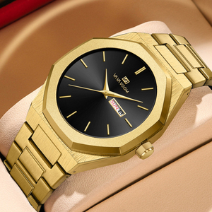 Fashion Mens Luxury Gold Watch Brushed <b>Case</b> Black Sunburst Dial Quartz Wristwatch with Day Date for Gift - Product Image 2