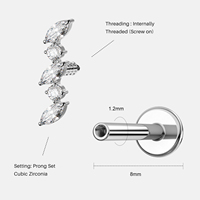 TOPOSH Royal Crown Jewelry a Five Stone Princess Cut Ears Type con un hilo interno para cartílago y Piercing de hélice