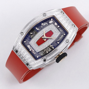 Reloj de pulsera con forma de barril para mujer, reloj de pulsera con esqueleto incrustado de diamantes, correa de goma roja, reloj elegante para mujer, reloj de lujo - Product Image 2