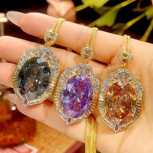 High Quality Jewelry Eco-friendly <b>Copper</b> Oval Cut 18*25mm Multicolor Zircon Unisex Gold Plated Classic <b>Chains</b> Pendant Necklace - Product Image 1