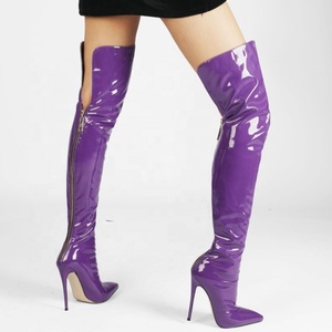 Botas de cuero fluorescente de tacón de aguja con cremallera trasera, hechas a medida, talla grande 47, sexys, para mujer, por encima de la rodilla - Product Image 2